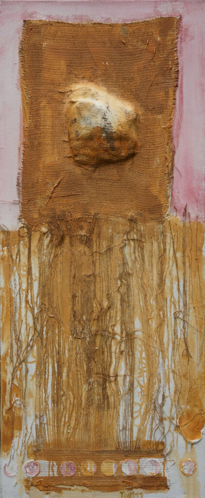 O.T., 2011, 120x50cm, Öl auf Leinen und Jute – von Birgit Todt