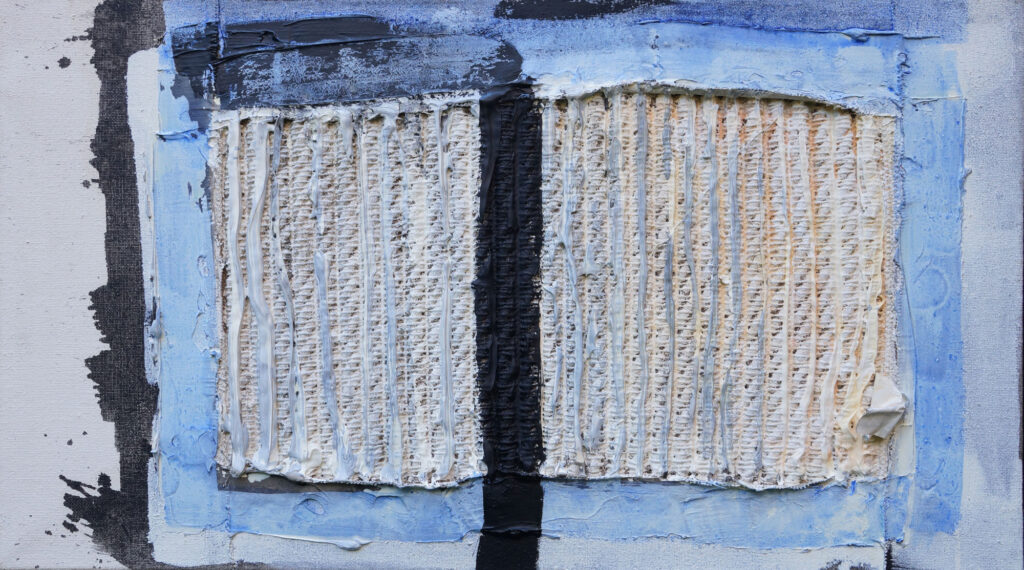 O.T., 2022, 65x115cm, Öl auf Jute und Sisal – von Birgit Todt