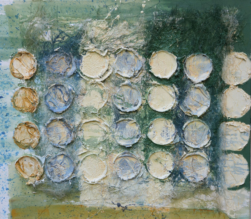 O.T., 2022, 70x80cm, Öl und Sisal auf Leinen – von Birgit Todt